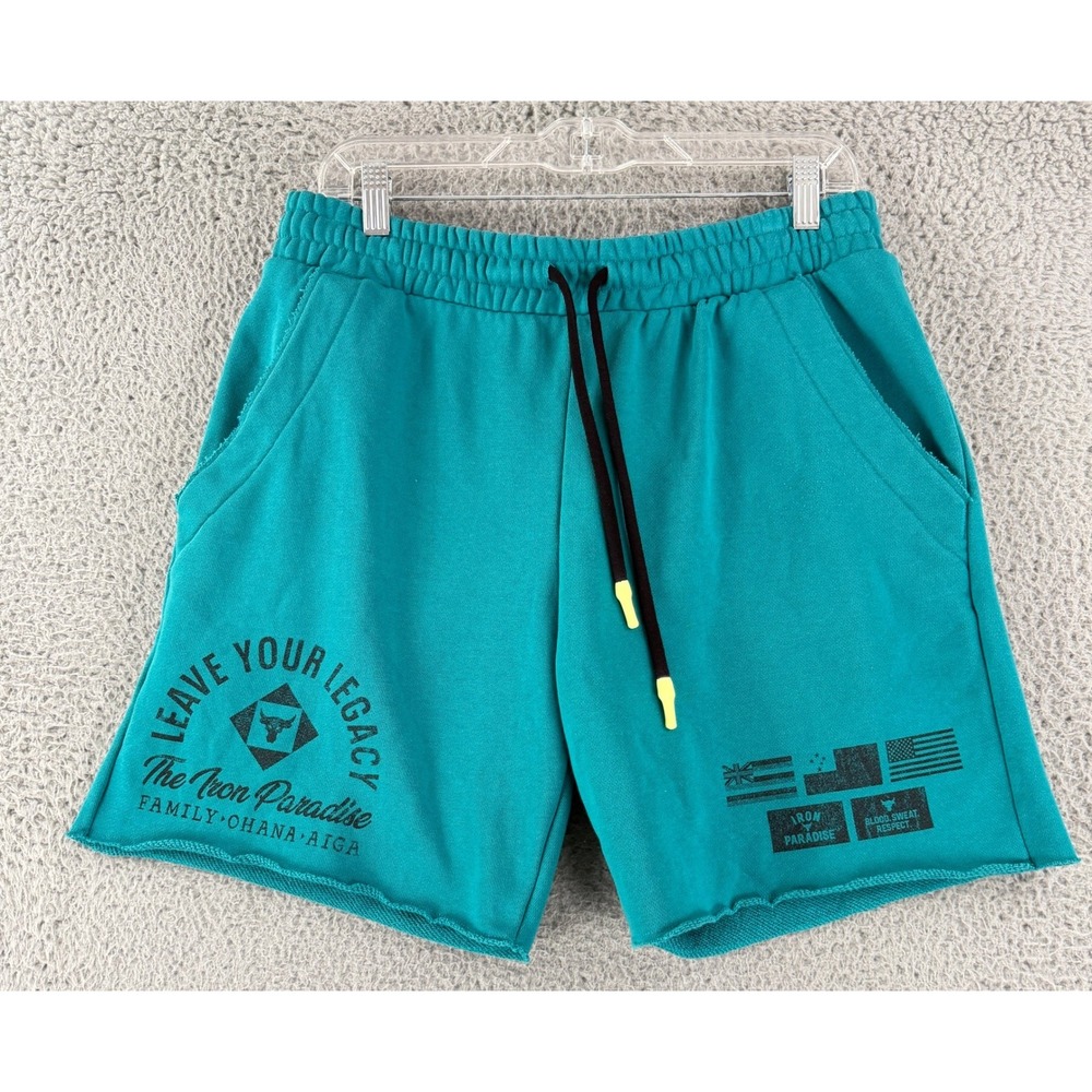 Under Armour Project Rock Shorts Mens L Teal Iron Paradise Brahma Bull Training